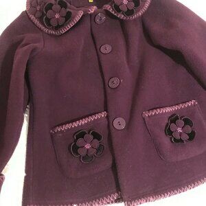 6/6X Girls Purple Fleece Jacket Coat w/Flowers on the Collar and Pockets + HAT